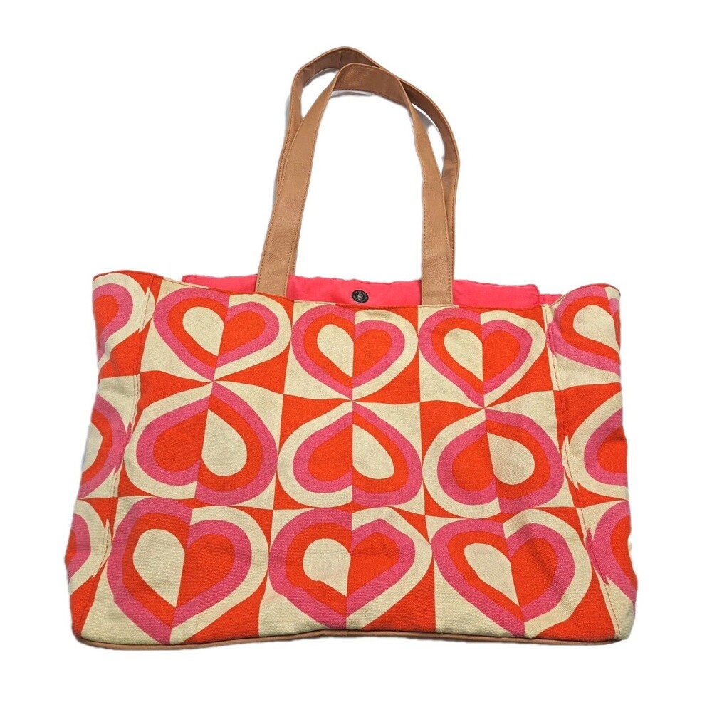 Hearts Retro Vintage Canvas Boat Tote Beach Travel Bag Red Pink White Brown DSW
